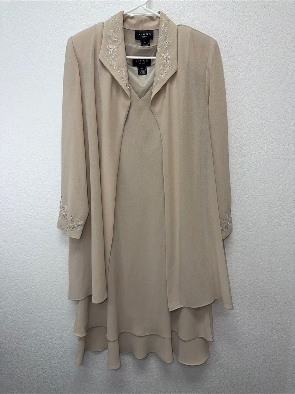 Vintage Virgo Beige Embroidered Layered Dress and Jacket Set